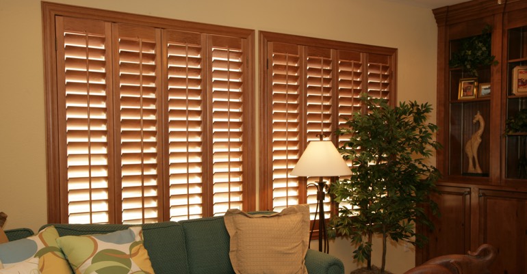 Wood shutters in Indianapolis living room.